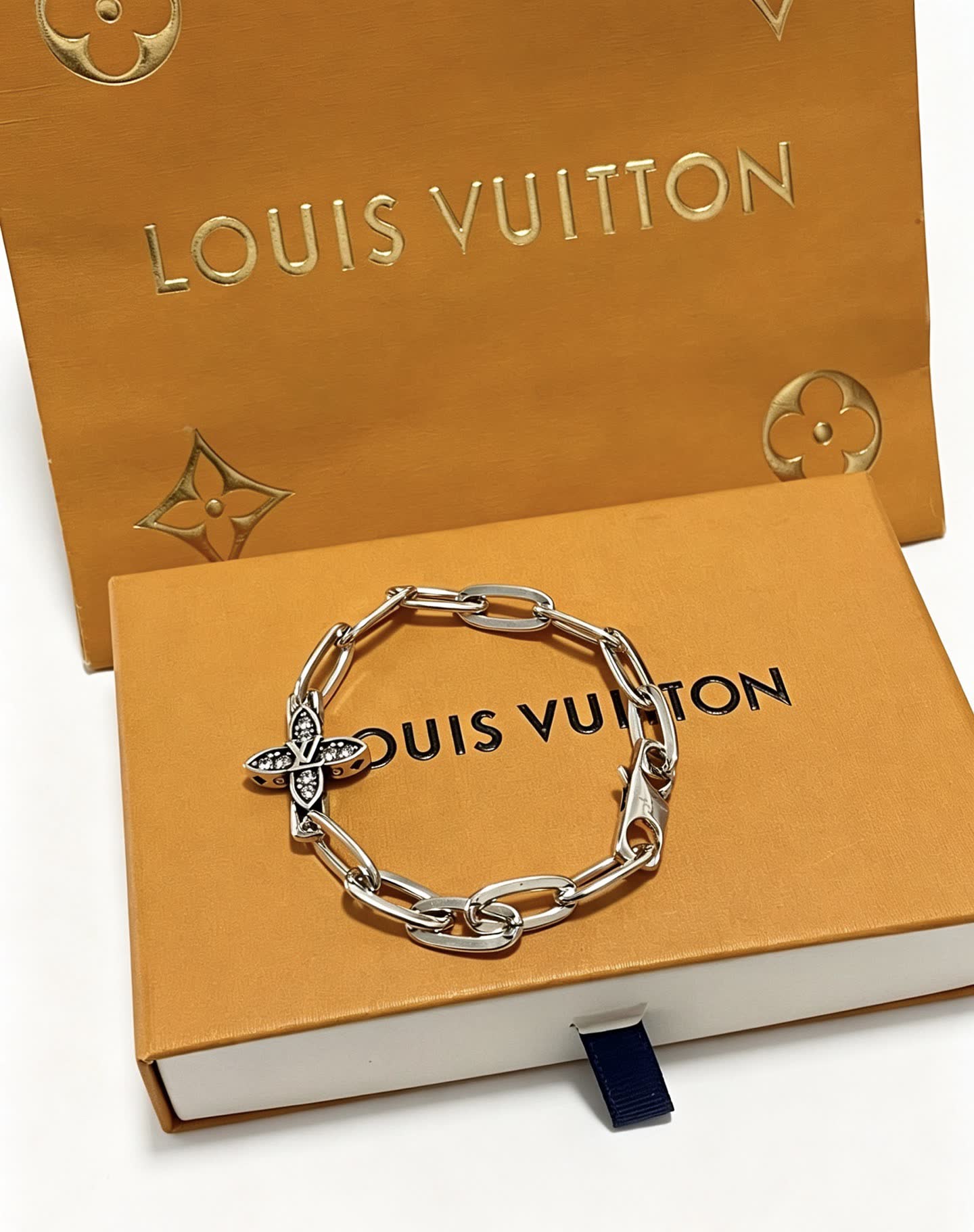 Louis Vuitton Silver Bracelet with Monogram Flower Charm
